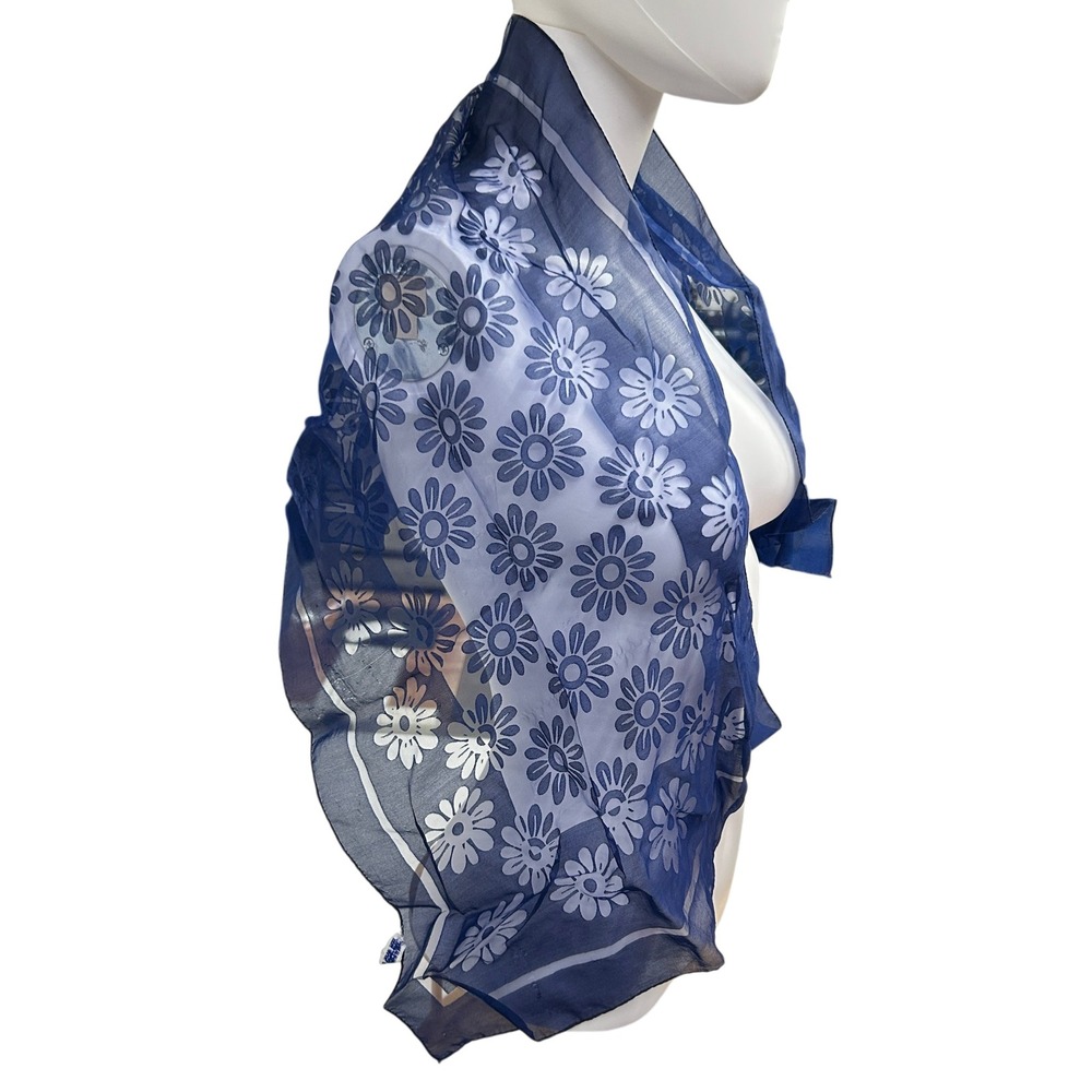 Vintage Blue Daisy Floral Sheer Scarf Headscarf Nylon Chiffon Cottagecore